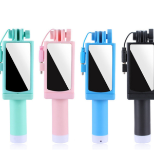 wired mini foldable selfie stick with mirror