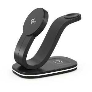 Mobile phone stand with built-in headphones and magnetic charging adapter