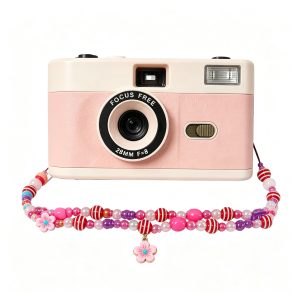 35mm Reusable Film Camera (Pastel Pink, with Colorful Beaded Charm Strap)