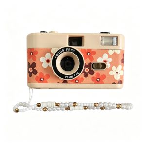 35mm Reusable Film Camera (Orange Floral, with Beaded Wrist Charm Strap)