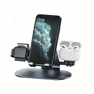 3-in-1 Aluminum Desktop Stand for Phone / Watch / Earbuds (Black)